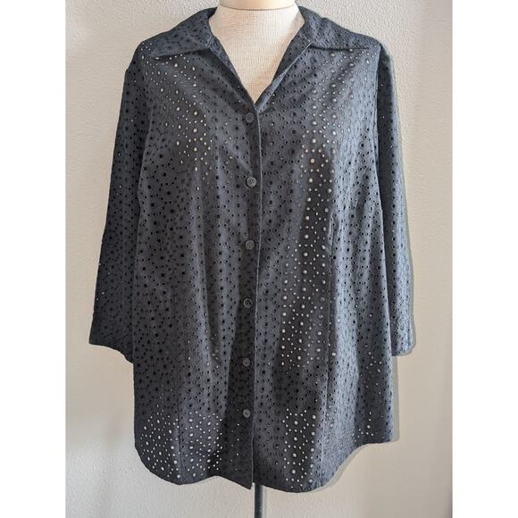 Womens Allison Daley Cotton Blend Embroidered Eyelet Button Up Blouse Black 16W - Picture 1 of 4